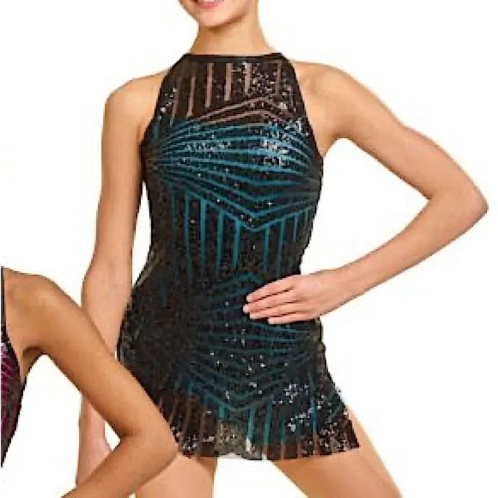 Dance Costume lyrical shift dress teal sequin leotard J5246 child medium CME